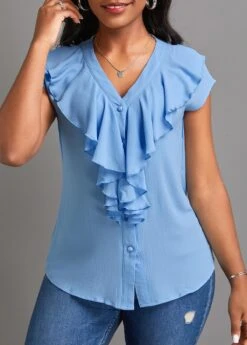 Light Blue Button Short Sleeve V Neck Blouse