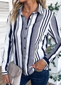 White Striped Long Sleeve Shirt Collar Blouse -Women Clothing Sales Store 334956 P 16873441200072