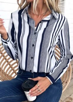 White Striped Long Sleeve Shirt Collar Blouse -Women Clothing Sales Store 334956 P 16873441208134