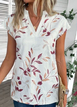 White Split Leaf Print Short Sleeve Blouse -Women Clothing Sales Store 335052 P 16868334642870