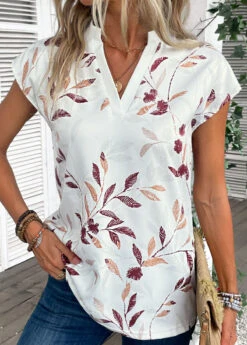 White Split Leaf Print Short Sleeve Blouse -Women Clothing Sales Store 335052 P 16868334644204