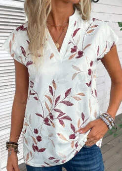 White Split Leaf Print Short Sleeve Blouse