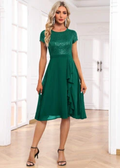 Blackish Green Sequin Short Sleeve Round Neck Dress 10 Blackish Green Sequin Short Sleeve Round Neck Dress -Women Clothing Sales Store 335411 P 16890726682564