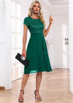 Blackish Green Sequin Short Sleeve Round Neck Dress 8 Blackish Green Sequin Short Sleeve Round Neck Dress -Women Clothing Sales Store 335411 P 16890726688472