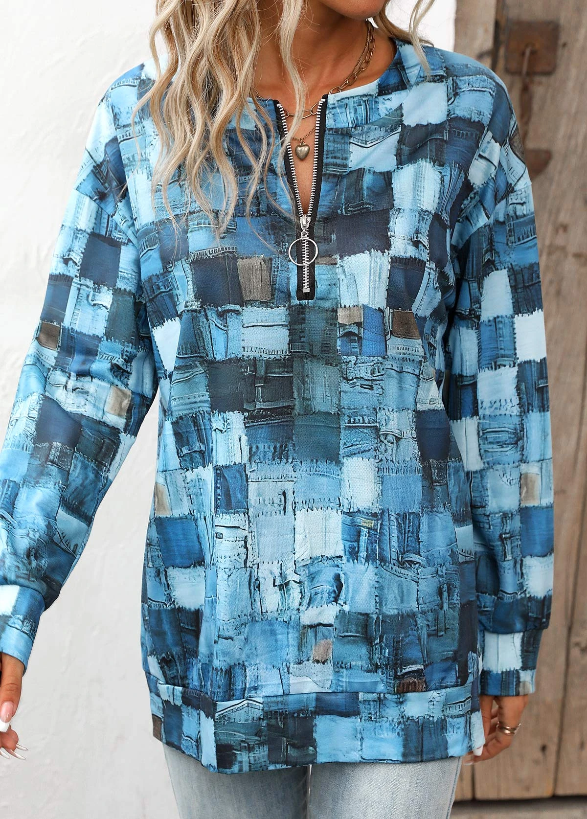 Denim Blue Zipper Geometric Print Long Sleeve Sweatshirt 3 Denim Blue Zipper Geometric Print Long Sleeve Sweatshirt - Image 3