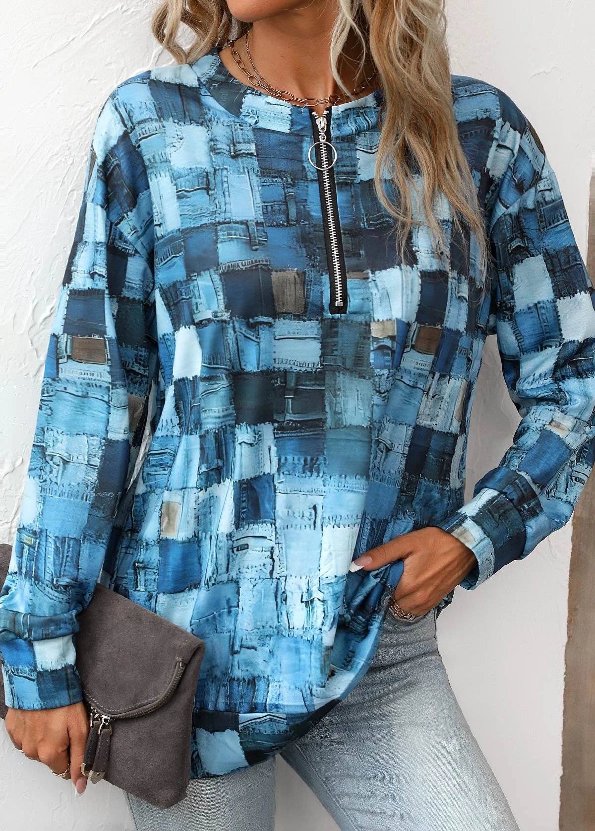 Denim Blue Zipper Geometric Print Long Sleeve Sweatshirt 4 Denim Blue Zipper Geometric Print Long Sleeve Sweatshirt - Image 4