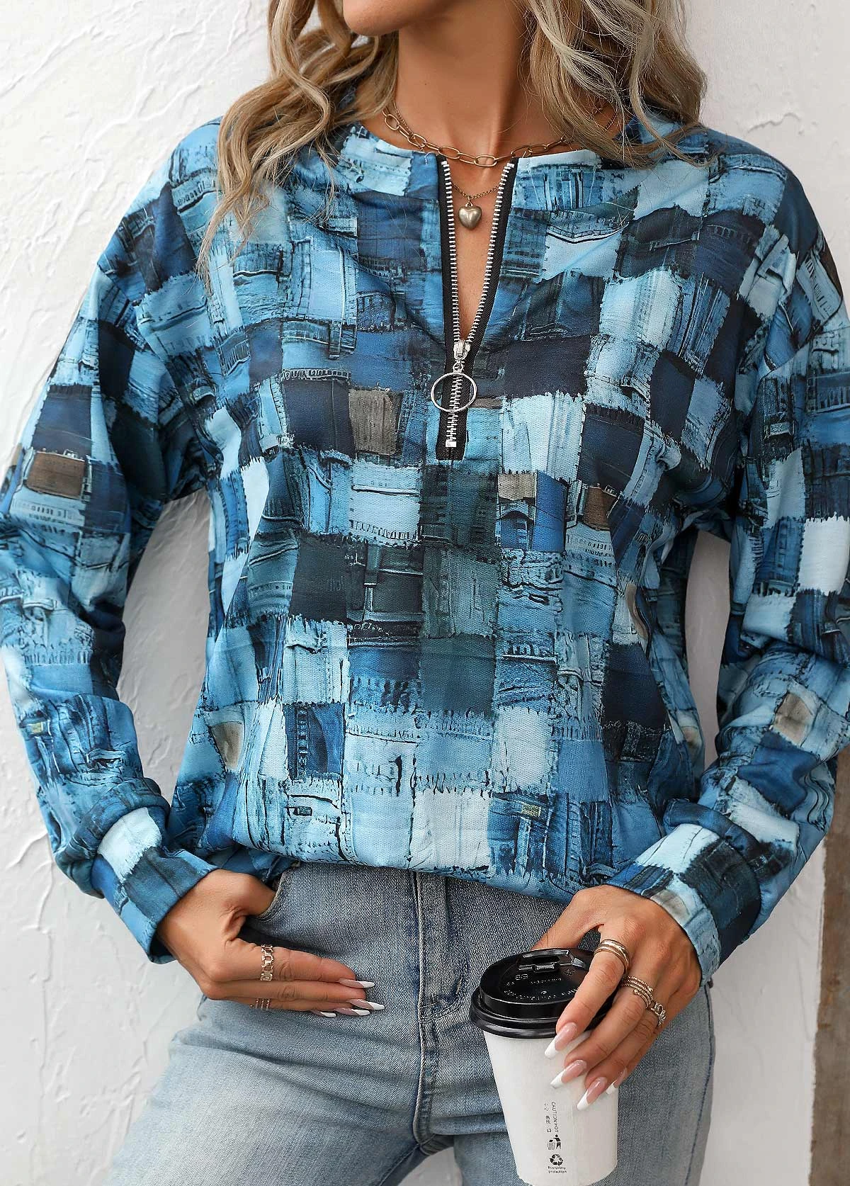 Denim Blue Zipper Geometric Print Long Sleeve Sweatshirt 5 Denim Blue Zipper Geometric Print Long Sleeve Sweatshirt - Image 5