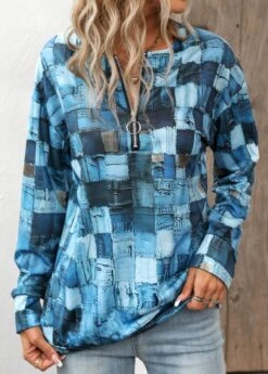 Denim Blue Zipper Geometric Print Long Sleeve Sweatshirt