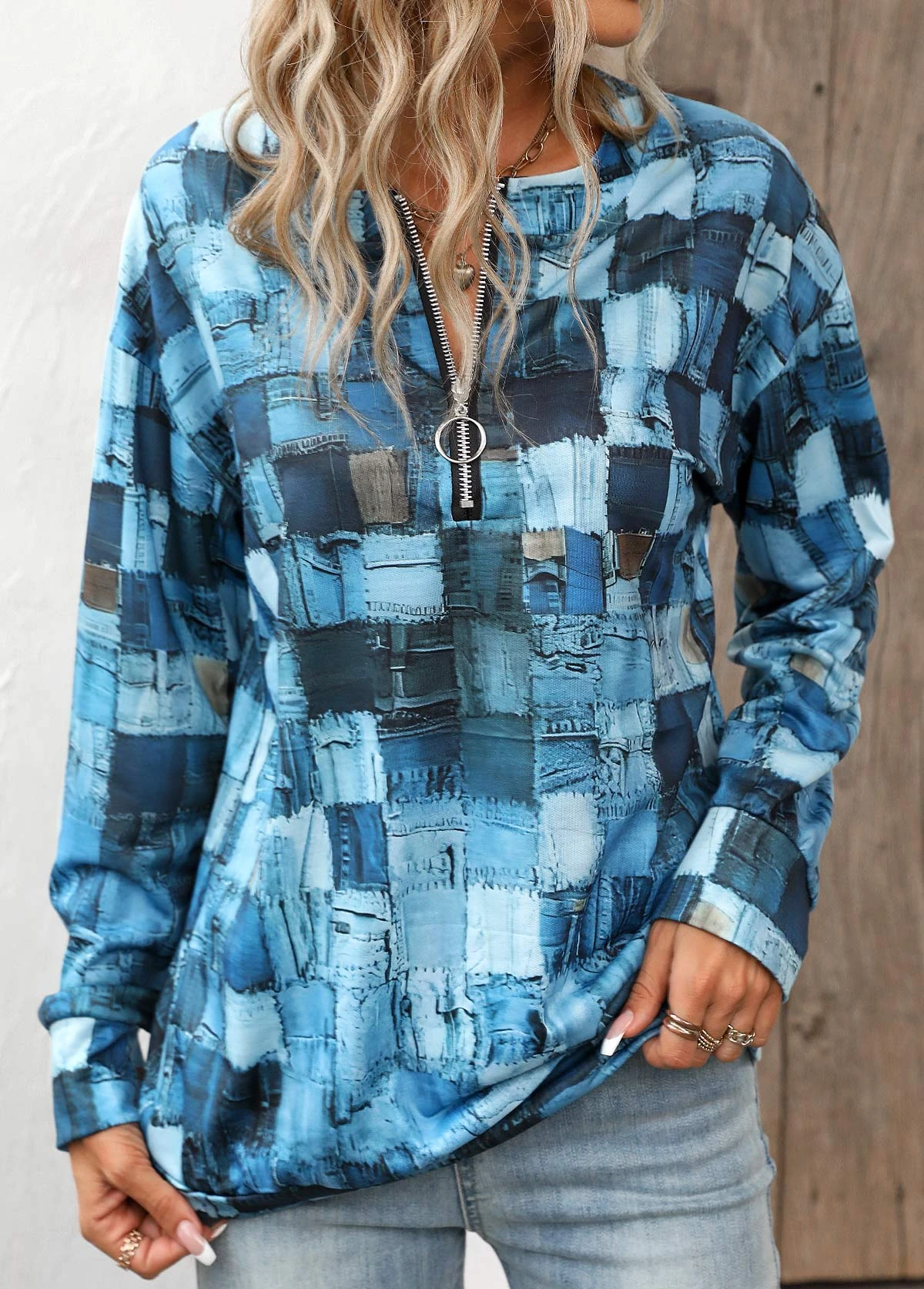 Denim Blue Zipper Geometric Print Long Sleeve Sweatshirt 1 Denim Blue Zipper Geometric Print Long Sleeve Sweatshirt