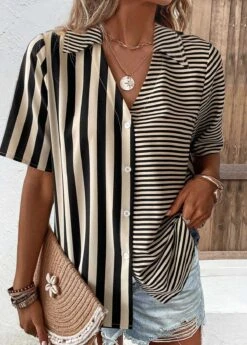 Dark Camel Button Striped Short Sleeve Blouse
