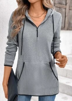 Women Clothing Sales Store 15 Grey Pocket Zipper Long Sleeve Hoodie