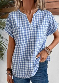Denim Blue Pocket Plaid Short Sleeve Blouse
