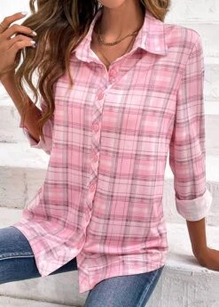 Pink Button Plaid Long Sleeve Shirt Collar Blouse -Women Clothing Sales Store 336343 P 16947406797685