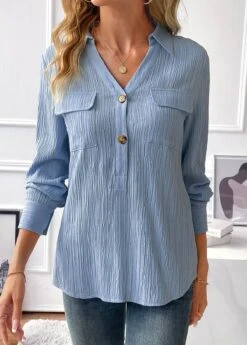 Light Blue Button Long Sleeve Shirt Collar Blouse
