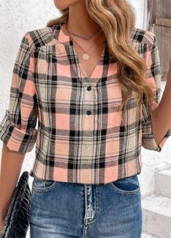 Pink Ruched Plaid Long Sleeve Split Neck Blouse -Women Clothing Sales Store 336504 P 16907883891655