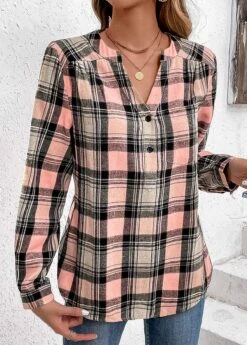 Pink Ruched Plaid Long Sleeve Split Neck Blouse -Women Clothing Sales Store 336504 P 16907883894502