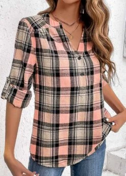 Pink Ruched Plaid Long Sleeve Split Neck Blouse -Women Clothing Sales Store 336504 P 16907883896194