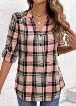 Pink Ruched Plaid Long Sleeve Split Neck Blouse -Women Clothing Sales Store 336504 P 16907883897753