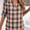 Pink Ruched Plaid Long Sleeve Split Neck Blouse