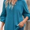 Peacock Blue Ruched Long Sleeve Shirt Collar Blouse