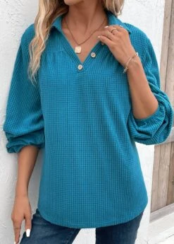 Peacock Blue Ruched Long Sleeve Shirt Collar Blouse -Women Clothing Sales Store 336510 P 16928733647872