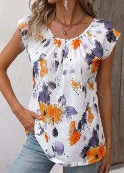 Orange Ruched Floral Print Short Sleeve Blouse -Women Clothing Sales Store 336676 P 16878652057682