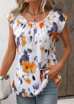Orange Ruched Floral Print Short Sleeve Blouse
