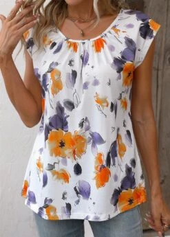 Orange Ruched Floral Print Short Sleeve Blouse -Women Clothing Sales Store 336676 P 16878652058854