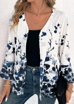 Navy Button Ink Painting Print Long Sleeve Blouse -Women Clothing Sales Store 336706 P 16899449031753