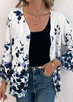 Navy Button Ink Painting Print Long Sleeve Blouse -Women Clothing Sales Store 336706 P 16899449034935