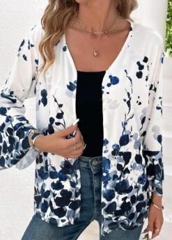 Navy Button Ink Painting Print Long Sleeve Blouse -Women Clothing Sales Store 336706 P 16899449035554