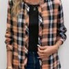 Orange Button Plaid Long Sleeve Round Neck Blouse
