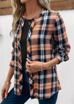 Orange Button Plaid Long Sleeve Round Neck Blouse -Women Clothing Sales Store 336923 P 16911475634892