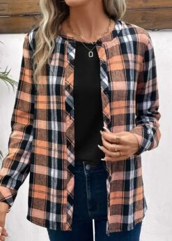 Orange Button Plaid Long Sleeve Round Neck Blouse -Women Clothing Sales Store 336923 P 16911475636254