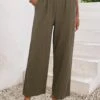 Olive Green Pocket Elastic Waist High Waisted Pants