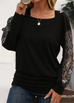 Black Cut Out Long Sleeve One Shoulder Sweatshirt -Women Clothing Sales Store 337202 P 16952121464744