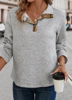 Grey Patchwork Plaid Long Sleeve Turn Down Collar Sweatshirt -Women Clothing Sales Store 337557 P 16899092816703