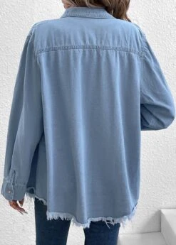 Denim Blue Pocket Long Sleeve Shirt Collar Coat -Women Clothing Sales Store 337563 P 16897662662291