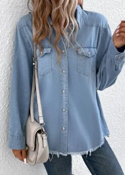 Denim Blue Pocket Long Sleeve Shirt Collar Coat -Women Clothing Sales Store 337563 P 16897662665814