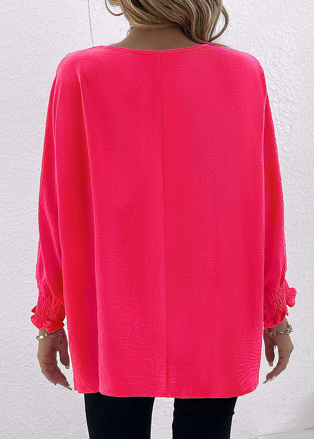 Hot Pink Smocked Long Sleeve Round Neck Blouse 2 Hot Pink Smocked Long Sleeve Round Neck Blouse - Image 2