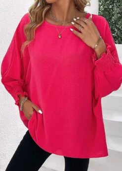 Hot Pink Smocked Long Sleeve Round Neck Blouse