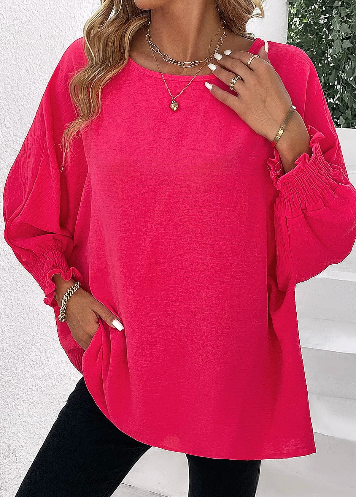 Hot Pink Smocked Long Sleeve Round Neck Blouse 1 Hot Pink Smocked Long Sleeve Round Neck Blouse