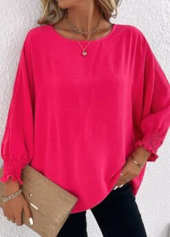 Hot Pink Smocked Long Sleeve Round Neck Blouse 10 Hot Pink Smocked Long Sleeve Round Neck Blouse -Women Clothing Sales Store 337565 P 16897601828894