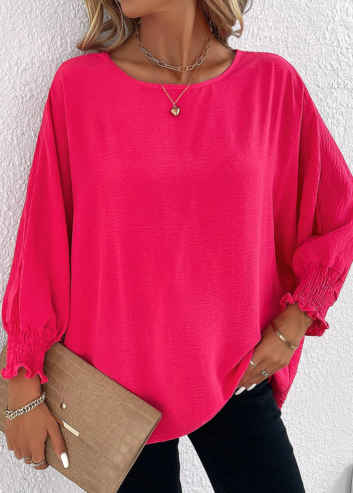 Hot Pink Smocked Long Sleeve Round Neck Blouse 5 Hot Pink Smocked Long Sleeve Round Neck Blouse - Image 5