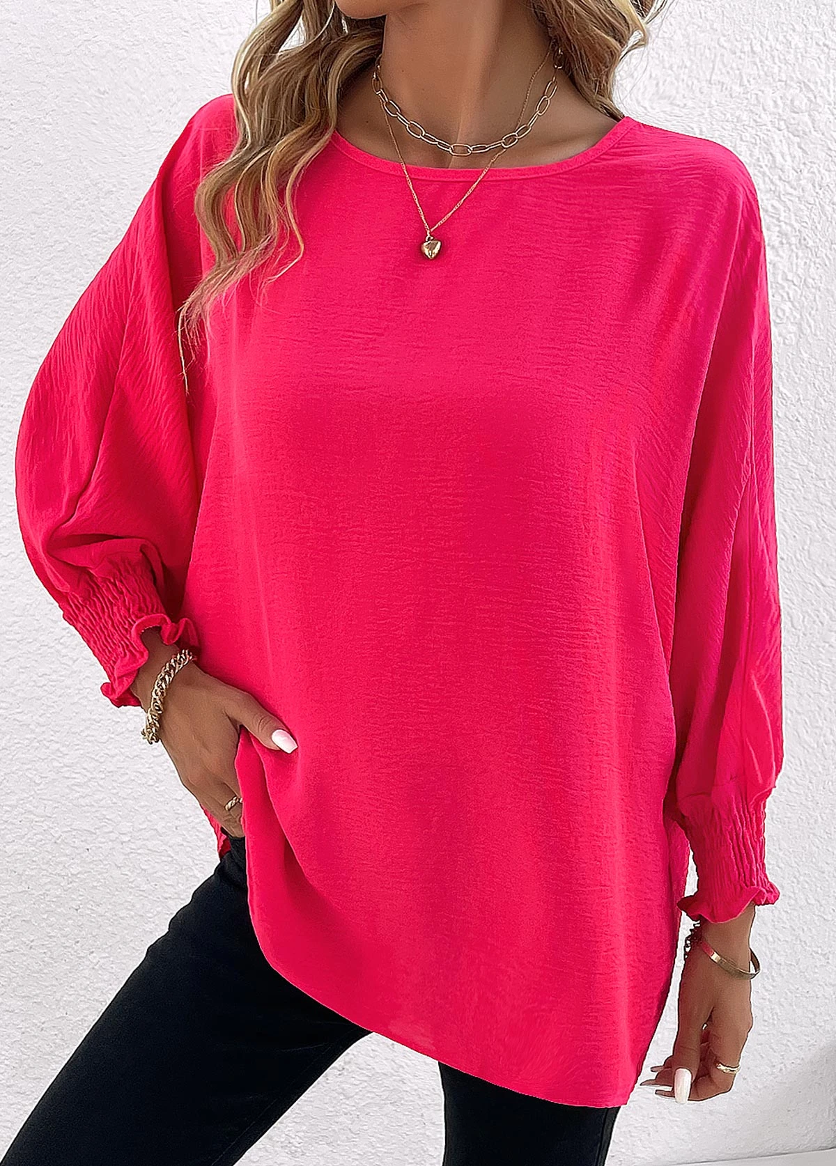 Hot Pink Smocked Long Sleeve Round Neck Blouse 4 Hot Pink Smocked Long Sleeve Round Neck Blouse - Image 4