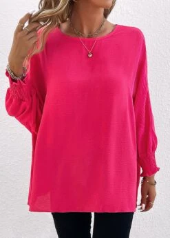 Hot Pink Smocked Long Sleeve Round Neck Blouse 8 Hot Pink Smocked Long Sleeve Round Neck Blouse -Women Clothing Sales Store 337565 P 16897601829582