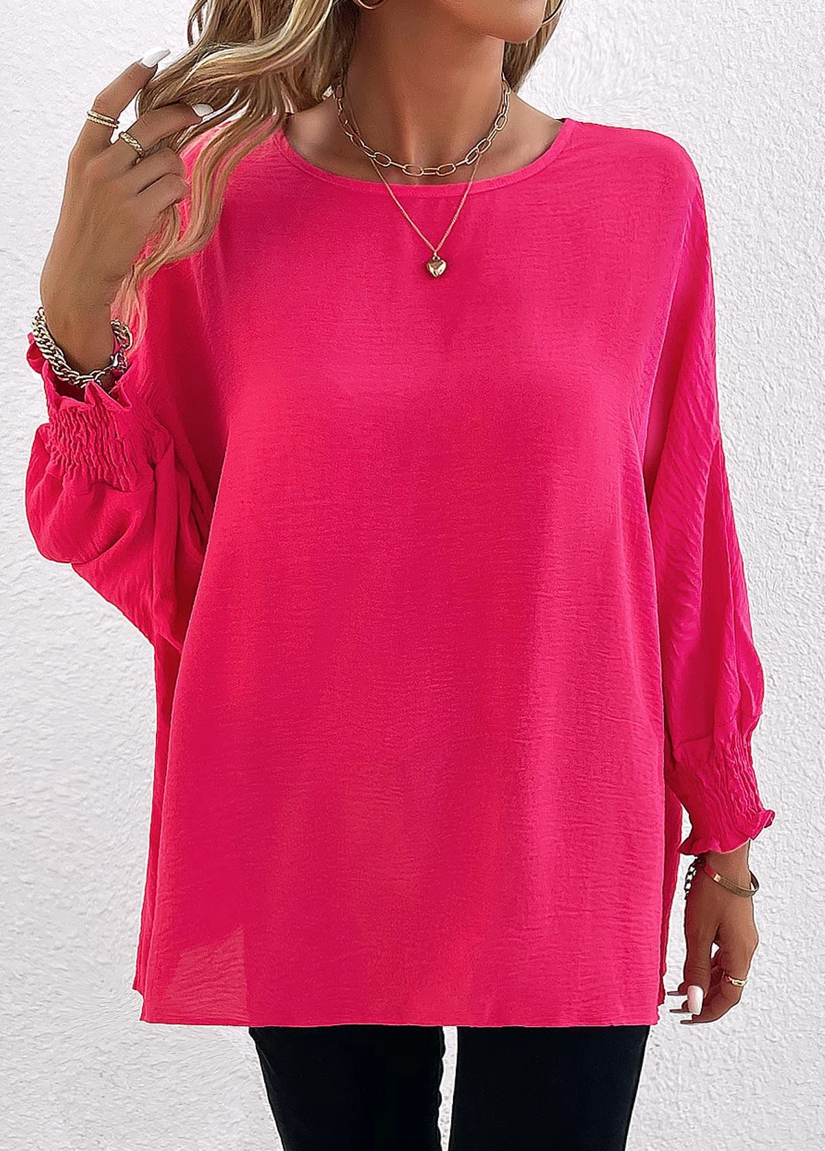 Hot Pink Smocked Long Sleeve Round Neck Blouse 3 Hot Pink Smocked Long Sleeve Round Neck Blouse - Image 3