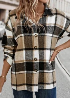 Light Coffee Patchwork Plaid Long Sleeve Blouse -Women Clothing Sales Store 337581 P 16899092122314