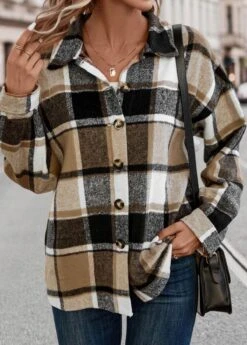 Light Coffee Patchwork Plaid Long Sleeve Blouse -Women Clothing Sales Store 337581 P 16899092123222