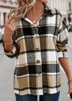 Light Coffee Patchwork Plaid Long Sleeve Blouse -Women Clothing Sales Store 337581 P 16899092127513